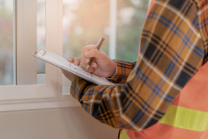 Man with construction vest examining windows and writing something down on clipboard